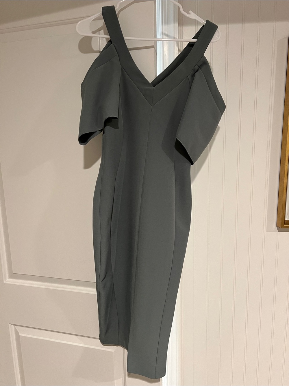 Cold-Shoulder V-Neck Sheath Dress in Olive Gray